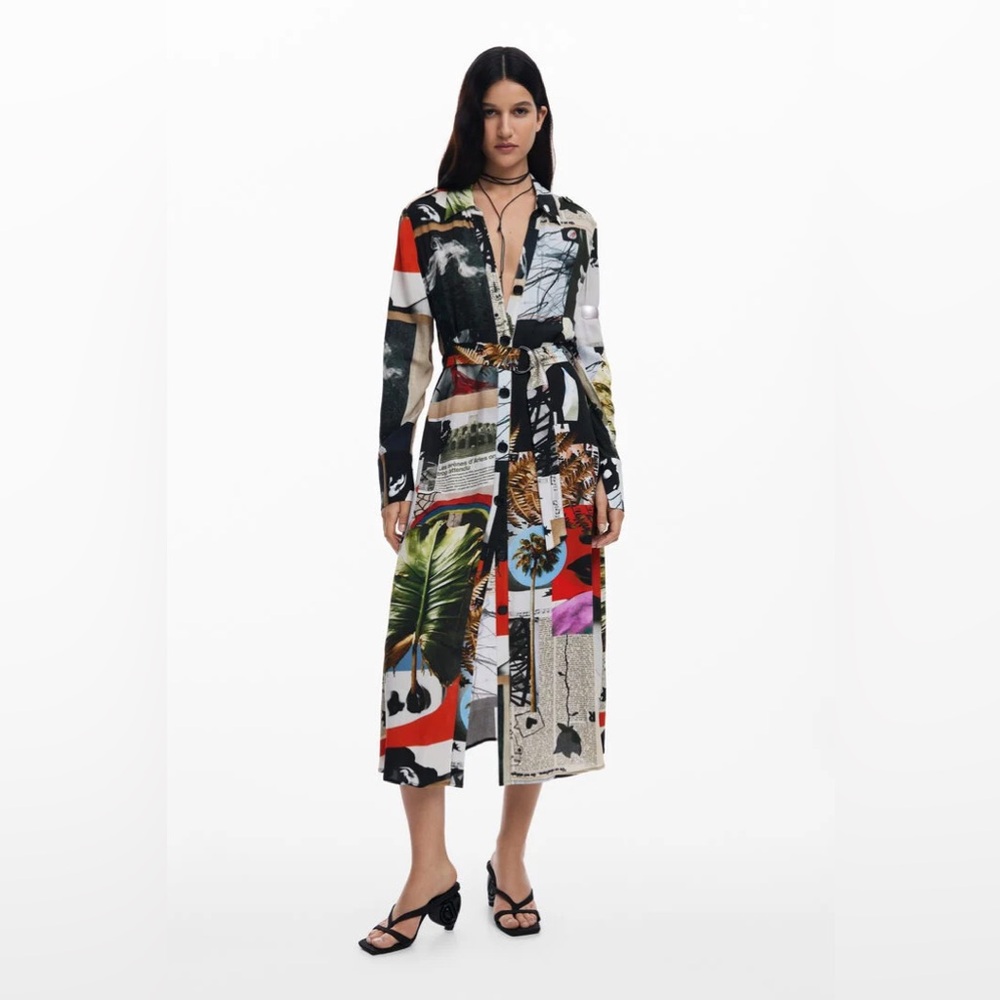 Desigual Multicolor Collage-Print Shirt Dress with Orange Accents Sz M
